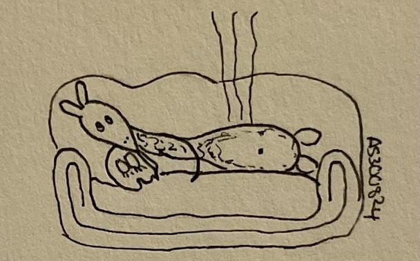A simple line drawing depicts a creature lounging on a couch, with „steam“ rising out of its behind. The creature is holding a tiny ghost that seems to be asleep.