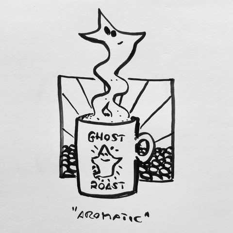 Schwarzweiss Scribble; eine Tasse Kaffee mit Aufdruck 'Ghost Roast'; der Dampf formt einen Cartoongeist