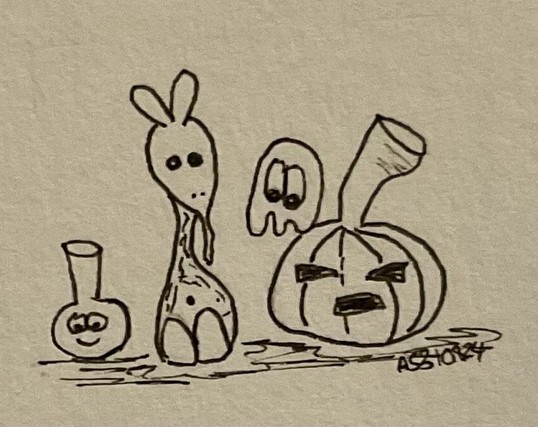 A whimsical illustration featuring four characters: a smiling flask aka Pet Flask, a giraffe-like creature aka the beastly beast, a ghost with huge eyes aka Tiny, and an angry-looking pumpkin.