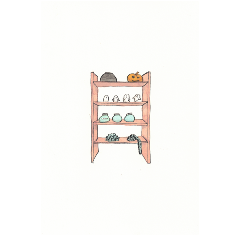 watercolour and ink
a cupboard with 4 levels
on top a cauldron and a pumpkin
below that the four ghosties
below that 3 jars with stored fog
and on the lowest level 2 heaps of rattle chains.