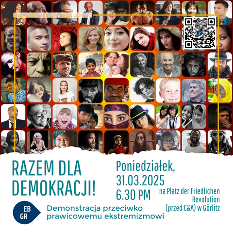 Das Bild zeigt eine Mosaik von Gesichtern verschiedener Menschen, die in einem rautenförmigen Muster angeordnet sind. Jedes Gesicht ist in einem separaten Quadrat eingefasst und zeigt eine Vielfalt an ethnischen Hintergründen und Altersgruppen. Die Gesichter sind in Farbe und Schwarzweiß dargestellt, was die Vielfalt der Teilnehmer betont.

Oben im Bild steht in gelber Schrift "ENGAGIERTE BÜRGER'INNEN GÖRLITZ". In der Mitte des Bildes befindet sich ein großer QR-Code, der wahrscheinlich auf weitere Informationen verweist.

Unter dem Mosaik steht in großen blauen Buchstaben "GEMEINSAM FÜR DEMOKRATIE!" und darunter in kleinerer Schrift "Demo gegen Rechtsextremismus". Darunter ist die Veranstaltungsdetails angegeben: "Montag, DEN 31.03.2025 18.30 UHR auf dem Platz der Friedlichen Revolution (vor C&A) in Görlitz".

Links unten ist ein blaues Etikett mit den Buchstaben "EB GR" zu sehen. Das Bild vermittelt eine Botschaft der Einheit und des gemeinsamen Kampfes gegen Rechtsextremismus.