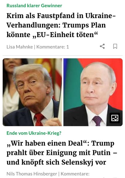 Russland klarer Gewinner Krim als Faustpfand in Ukraine- Verhandlungen: Trumps Plan konnte ,,EU-Einheit töten 
Ende vom Ukraine-Krieg? Wir haben einen Deal*: Trump prahlt über Einigung mit Putin - und knöpft sich Selenskyj vor

 Quelle: Frankfurter Rundschau 24.04.25
