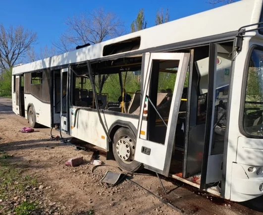 A bus damaged following a Russian attack on Marhanets, Dnipropetrovsk Oblast, Ukraine, on April 23, 2025