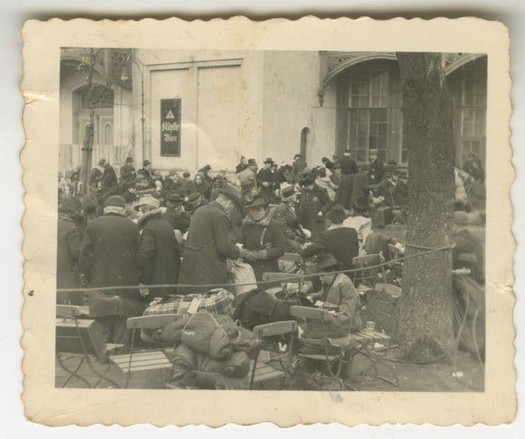 Jewish Germans assemble for deportation in Breslau, Germany, in November 1941. Courtesy of Regional Association of Jewish Communities in Saxony, Germany, CC BY-SA