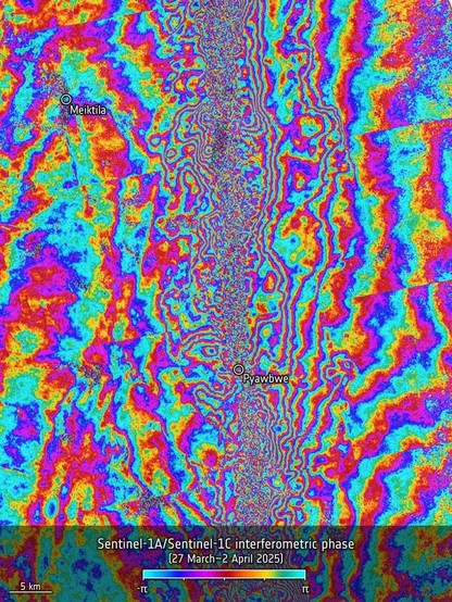 L'image est très colorée et se lit ainsi : chaque cycle complet de couleur, du cyan au jaune, puis au rouge, puis au bleu et enfin au cyan, représente un déplacement du sol d'environ 160 cm le long de la faille. Sur toute la ligne de faille, chaque cycle de couleur représente un déplacement du sol d'environ 28 mm. Ces franges impressionnantes illustrent les mouvements des différentes parties du sol, chaque côté de la faille se déplaçant dans des directions opposées – preuve évidente d'un glissement tectonique.