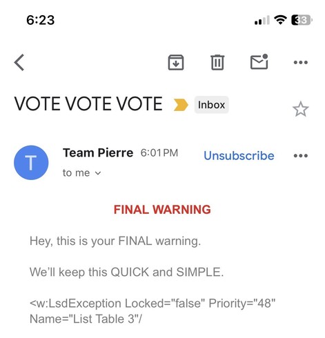 Bizarre email from the Poilievre campaign, simultaneously threatening the reader AND throwing an error.