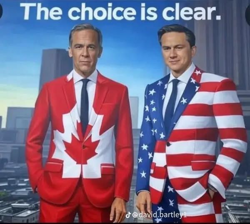 Meme: Carney in a Canada suit, Poilievre wearing a USA suit