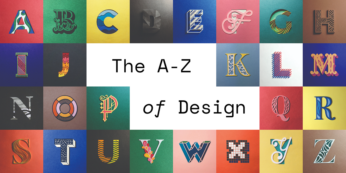A title image for the post “The A-Z of Design” featuring hand-cut letters of the alphabet in a variety of shapes, designs, and colours.
