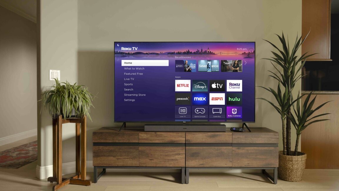 A Roku TV ona wooden stand surrounded by potted plants.