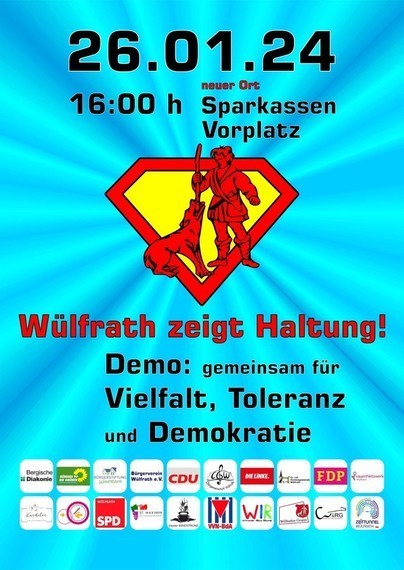 Plakat zum Aufruf einer Demo.
Am 26.01.24 um 16:00 Uhr
Ort: Wülfrath Sparkassen Vorplatz
Motto: Wülfrath zeigt Haltung! Demo: gemeinsam fiir Vielfalt, Toleranz und Demokratie
