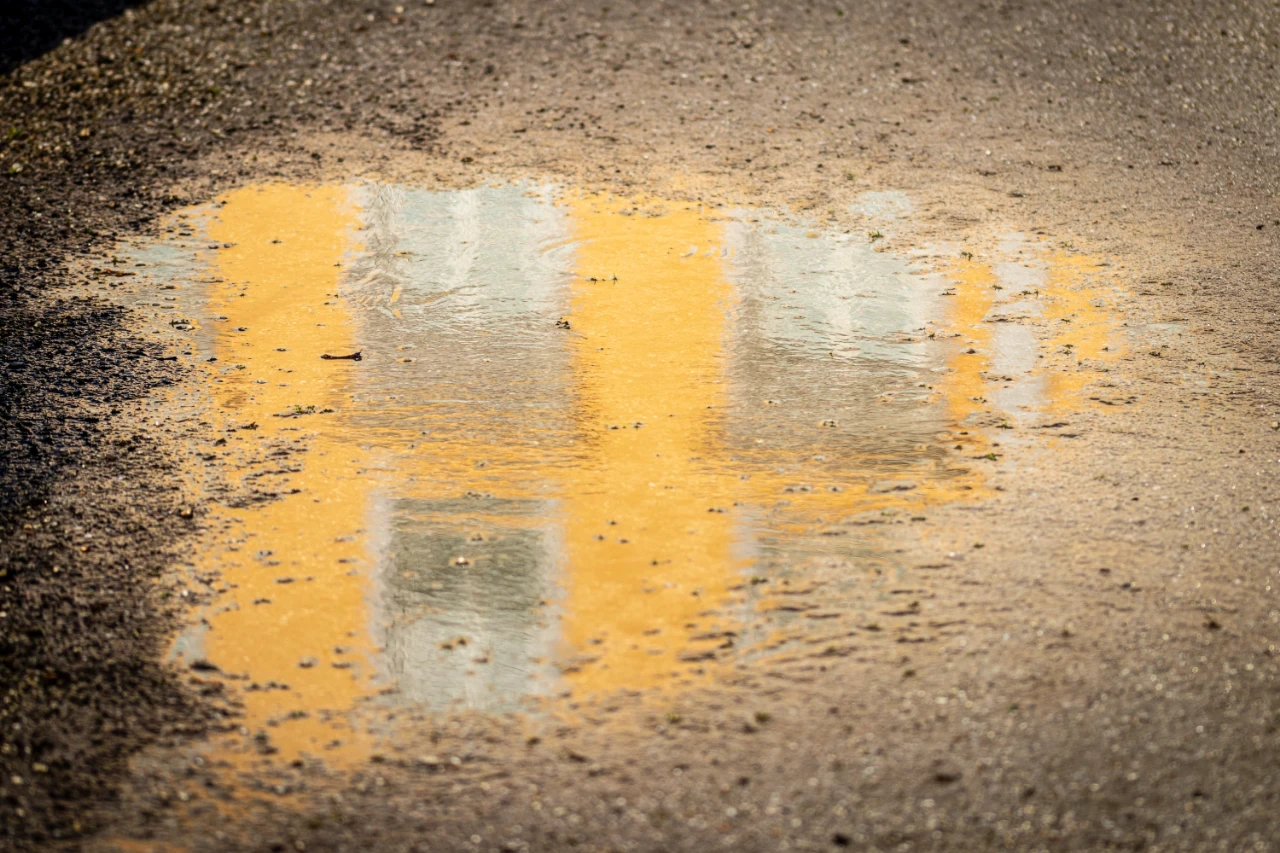 a photograph of the yellow fascade of castle Augustusburg with four windows seen through a puddle. a photograph of the yellow fascade of castle Augustusburg with four windows seen through a puddle.