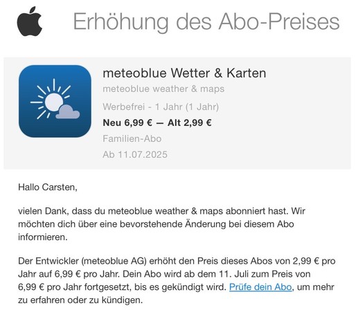 Screenshot der Mitteilung. Alter Preis 2,99€ pro Jahr. Neuer Preis 6,99€ pro Jahr.