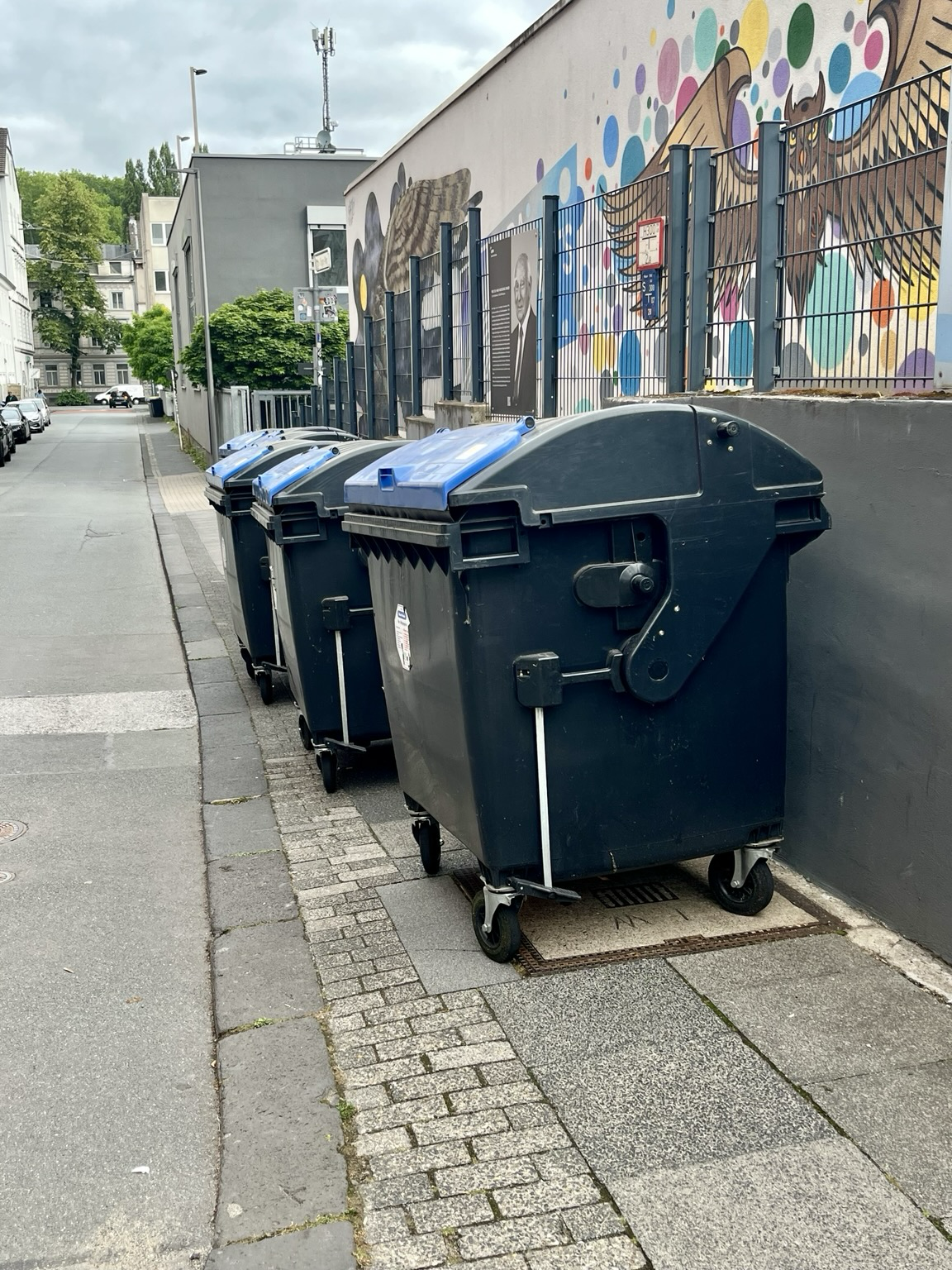 The image depicts a street scene with a row of large black waste bins lined up along a sidewalk. The bins have blue lids and are equipped with wheels for mobility. They are positioned next to a wall adorned with a colorful mural featuring a large bird with outstretched wings and various circular patterns. The mural is enclosed by a metal fence. In the background, there are buildings, trees, and parked cars, suggesting an urban environment. The sky is overcast, and the overall atmosphere is calm and orderly.