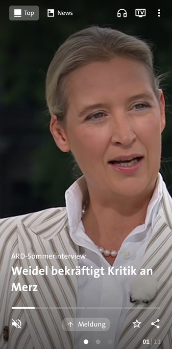 Screenshot aus der Tagesschau App mit der Headline "Weidel bekräftigt Kritik an Merz".