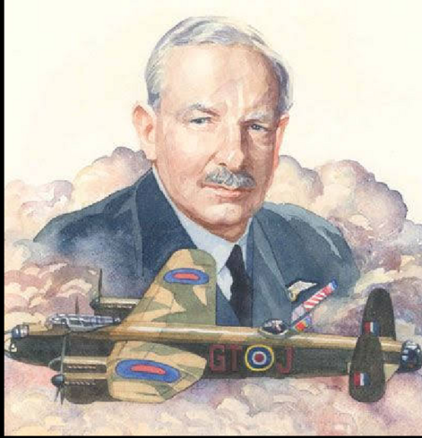 An aquarell of Air Marshal Sir Arhur Harris, in the foreground an Avro 683 „Lancaster“.