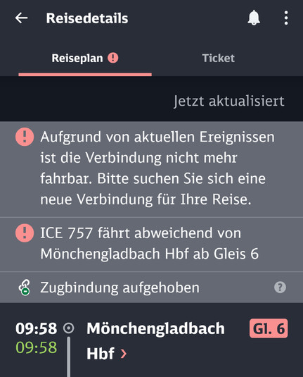 Screenshot aus der DB Navigator App: Verbindung nicht mehr fahrbar. 