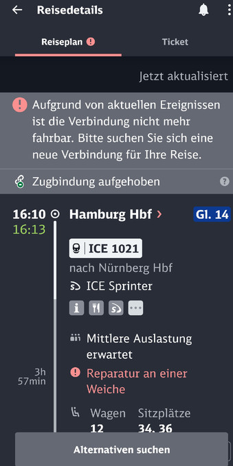 Screenshot aus der App DB Navigator mit dem Hinweis, dass unsere Verbindung nicht mehr fahrbar ist und wir nach Alternativen suchen sollen. 
