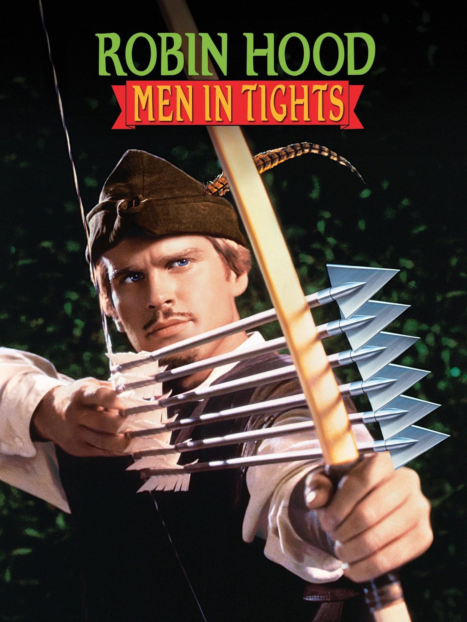 Filmplakat "Robin Hood - Men in Tights". Robin Hood zielt auf seinem Bogen mit 6 Pfeilen gleichzeitig. Die Pfeilspitzen sind offensichtlich reingemalt, während der Rest wohl ein Foto war.