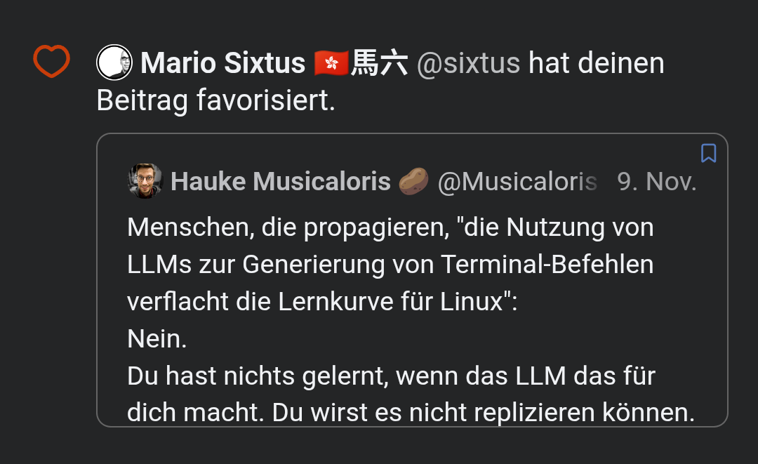 Screenshot: Mario Sixtus hat einen Toot von mir favorisiert