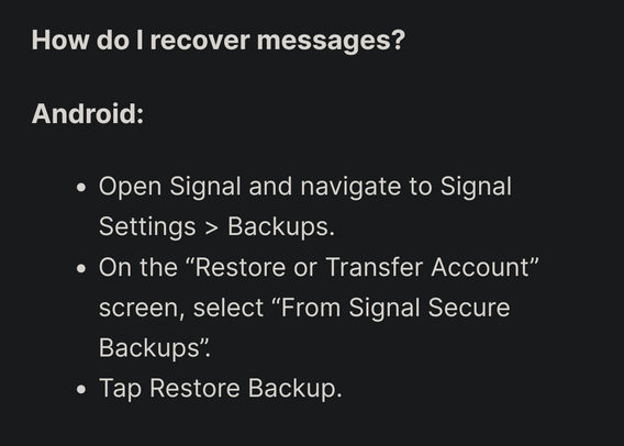 Screenshot on where in the settings it should be possible to restore signal from a cloud backup.