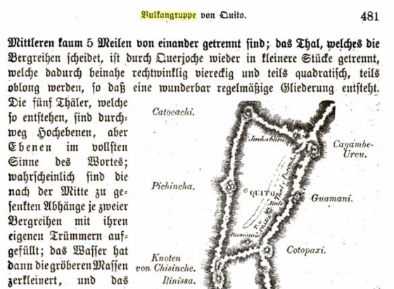 Auszug aus einem alten Buch, in Fraktur gedruckt, mit einer groben Karte zur Vulkangruppe von Quito: Vulkangruppe von Quito, Seite 481: ...Mittleren kaum 5 Meilen von einander getrennt sind; das Thal, welches die Bergreihen scheidet, ist durch Querjoche wieder in kleinere Stücke getrennt, welche dadurch beinahe rechtwinklig viereckig und teils quadratisch, teils oblong werden, so daß eine wunderbar regelmäßige Gliederung entsteht.
Die fünf Thäler, welche
so entstehen, sind durch-
weg Hochebenen…