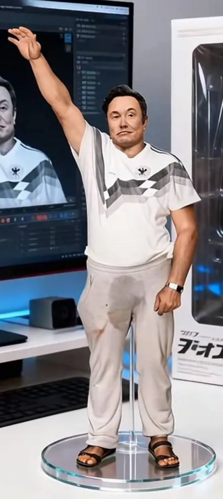 Der Fußball-Fan von  Lichtenhagen mit eingepisster Hose, draufmontiert Elon Musks Kopf.