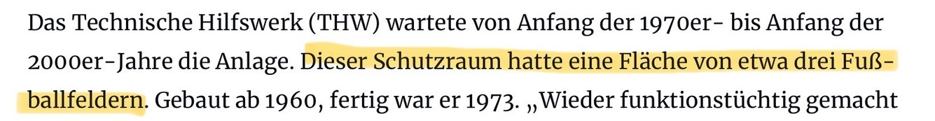Screenshot des Zeitungsartikels, in dem eine Fläche von drei Fußballfeldern für den ehemaligen Schutzraum genannt wird.