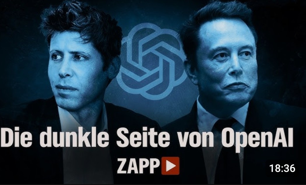 Video-Thumbnail zu einer Doku: Die dunkle Seite von OpenAI
Auf dem Bild sind Sam Altman, Elon Musk und das Logo des Unternehmens