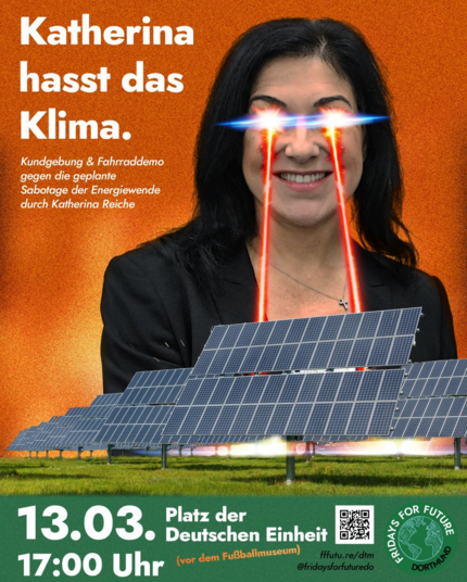 Ein Aufruf zur Demo mit dem Titel "Katherina hasst das Klima" und einem Bild von ihr, aus ihren Augen kommen gebündelte Strahlen, die auf eine Fotovoltaikanlage gerichtet sind.