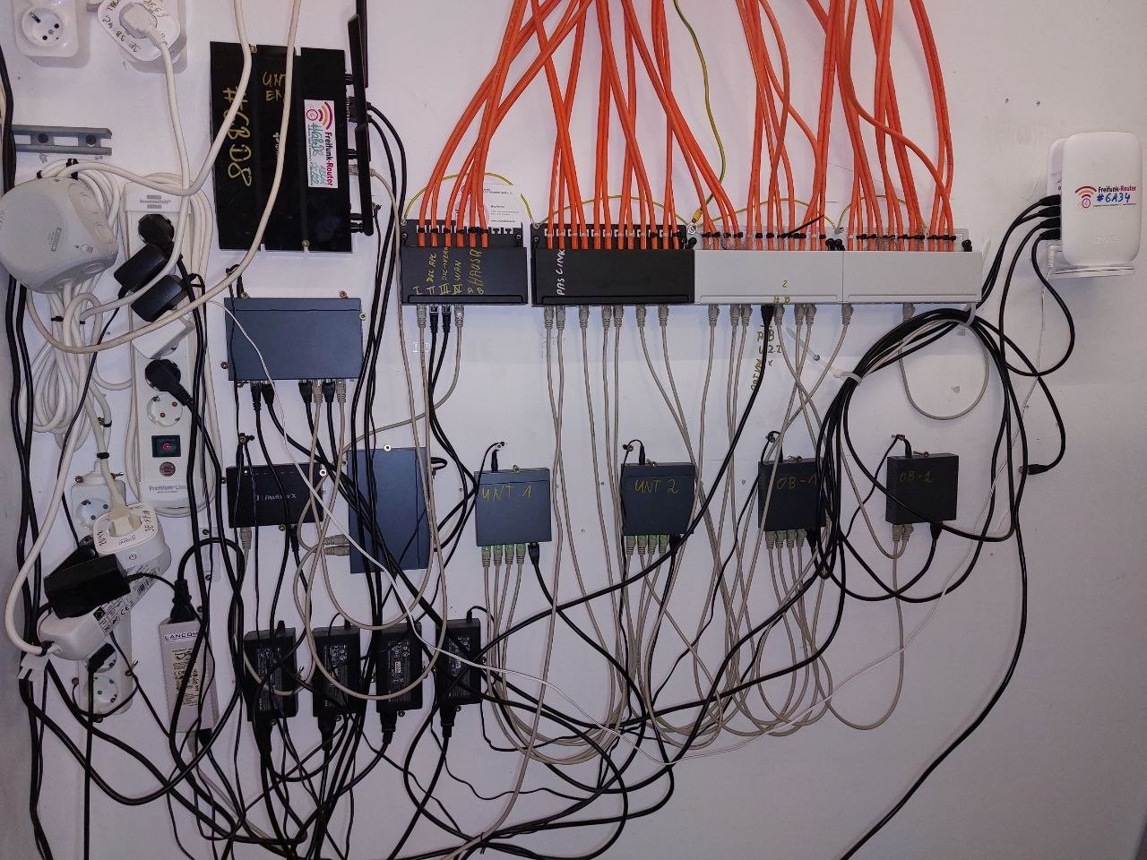Auf einer weissen Wand sieht man von oben orange Verlege LAN Kabel in in einem Patchfeld enden. Darunter dann vier 5-Port POE Switches und links einen TP-Link Archer C7 und rechts einen Zyxel WSM20. Ganz link Stromsteckdosen und 8-fach Steckdosenleiste