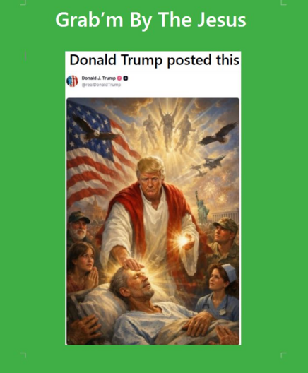 Ein allegorisches Bild im Stile eines kitschigen christlichen Bibelbildes, wie Donald Trump einem Kranken die Hand auf die Stirn legt, es erstrahlt ein Licht hinter des Kranken Kopf. In Trumps anderer Hand eine Lichtkugel. Umgeben sind die beiden von betenden Menschen. Im Hintergrund eine große US-Flagge, fliegende Weißkopf-Seeadler, Kampfflugzeuge und undefinierbare Gestalten im Himmel.