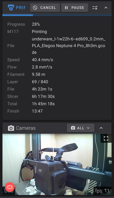 Screenshot of a 3d printing interface, showing some stats, e.g. 4 hours remaining estimated by the printer vs. 6 based on the slicer. The lower part shows a webcam image of the printer.