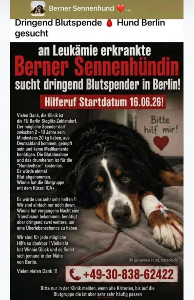 Aufruf zu einer Blutspende für großen Hund in Berlin