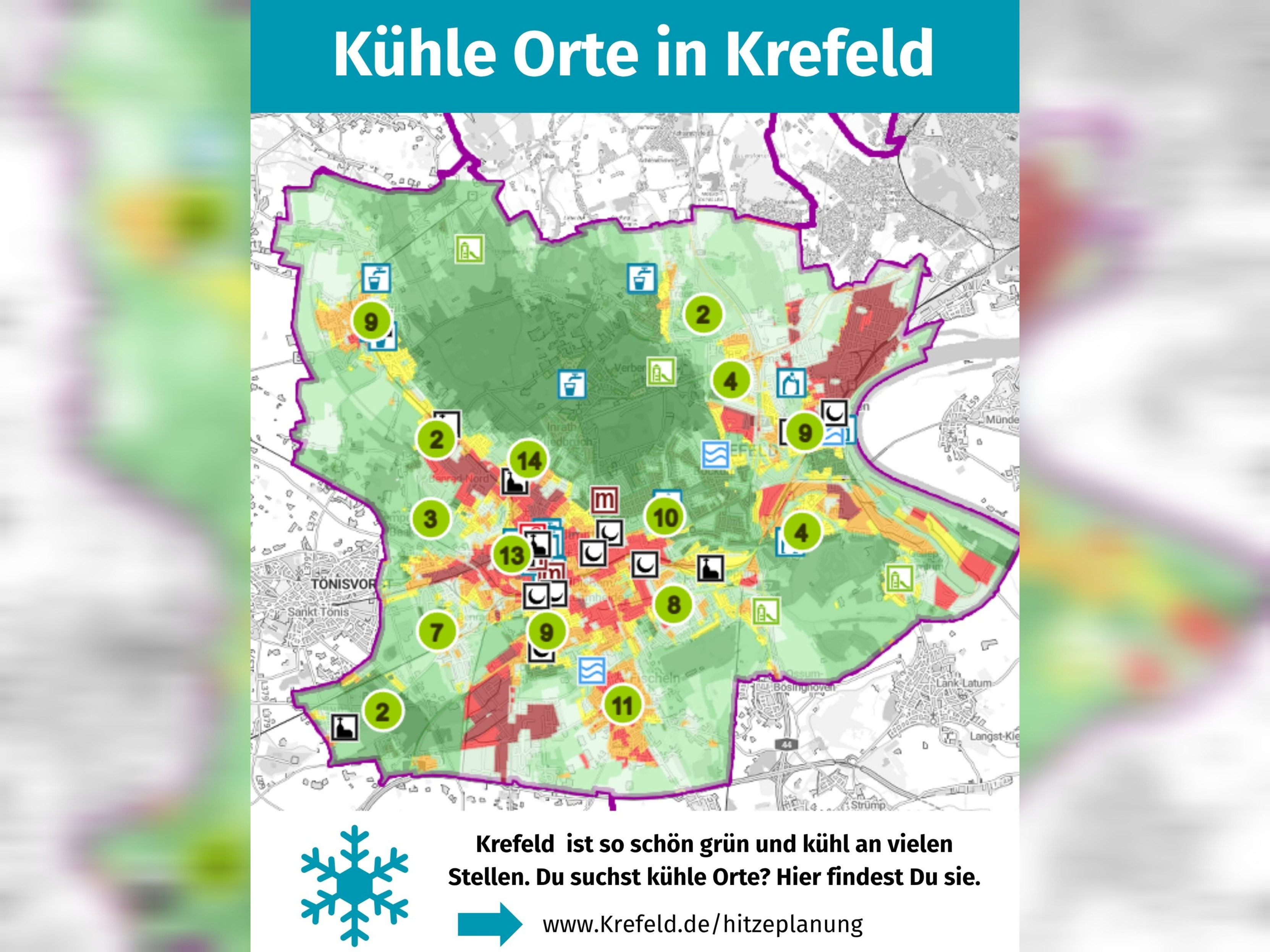 Grafik mit der Überschrift „Kühle Orte in Krefeld“. Eine Stadtkarte zeigt verschieden eingefärbte Wärmebereiche sowie zahlreiche Symbole und nummerierte Markierungen für kühle Orte, Trinkwasserstellen und weitere Angebote. Darunter steht der Hinweis: „Krefeld ist so schön grün und kühl an vielen Stellen. Du suchst kühle Orte? Hier findest Du sie.“ Genannt wird die Internetseite www.krefeld.de/hitzeplanung