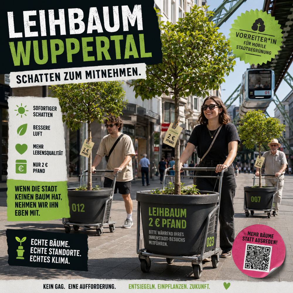 Ein mit KI generiertes Social-Media-Motiv zeigt eine satirische Aktion in einer Innenstadt. Mehrere Menschen schieben große Pflanzkübel mit kleinen Bäumen auf rollbaren Gestellen wie Einkaufswagen vor sich her. Auf den Kübeln steht „Leihbaum – 2 € Pfand“. Im Hintergrund ist die Wuppertaler Schwebebahn zu sehen. Große Überschriften wie „Leihbaum Wuppertal – Schatten zum Mitnehmen“ und „Echte Bäume. Echte Standorte. Echtes Klima.“ verdeutlichen die Kritik an einer mobilen statt dauerhaften Stadtbegrünung.