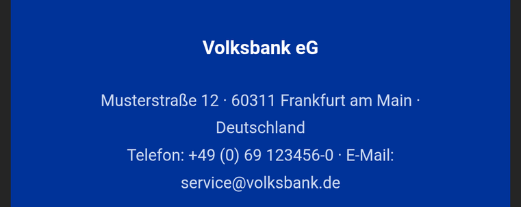 Screenshot der Adressangaben einer angeblich von der Volksbank geschickten Mail. U. a. mit den Angaben "Musterstraße 12" und einer Telefonummer, die 123456 enthält. 