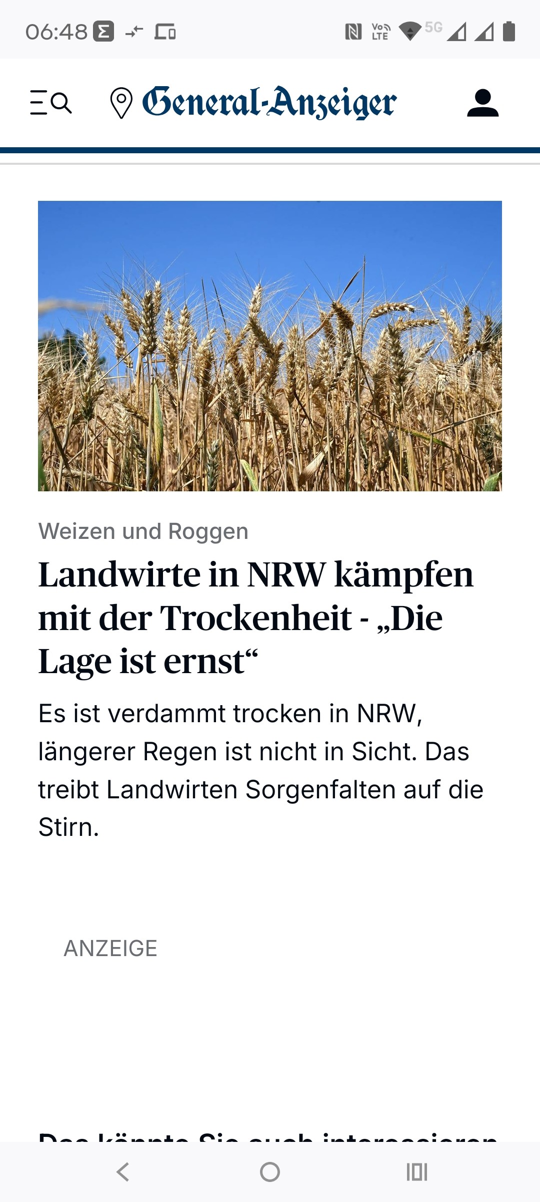 Screenshot GA Bonn Text 
Weizen und Roggen Landwirte in NRW kämpfen mit der Trockenheit - „Die Lage ist ernst“

Münster · Es ist verdammt trocken in NRW, längerer Regen ist nicht in Sicht. Das treibt Landwirten Sorgenfalten auf die Stirn.
Bild Getreidefeld
