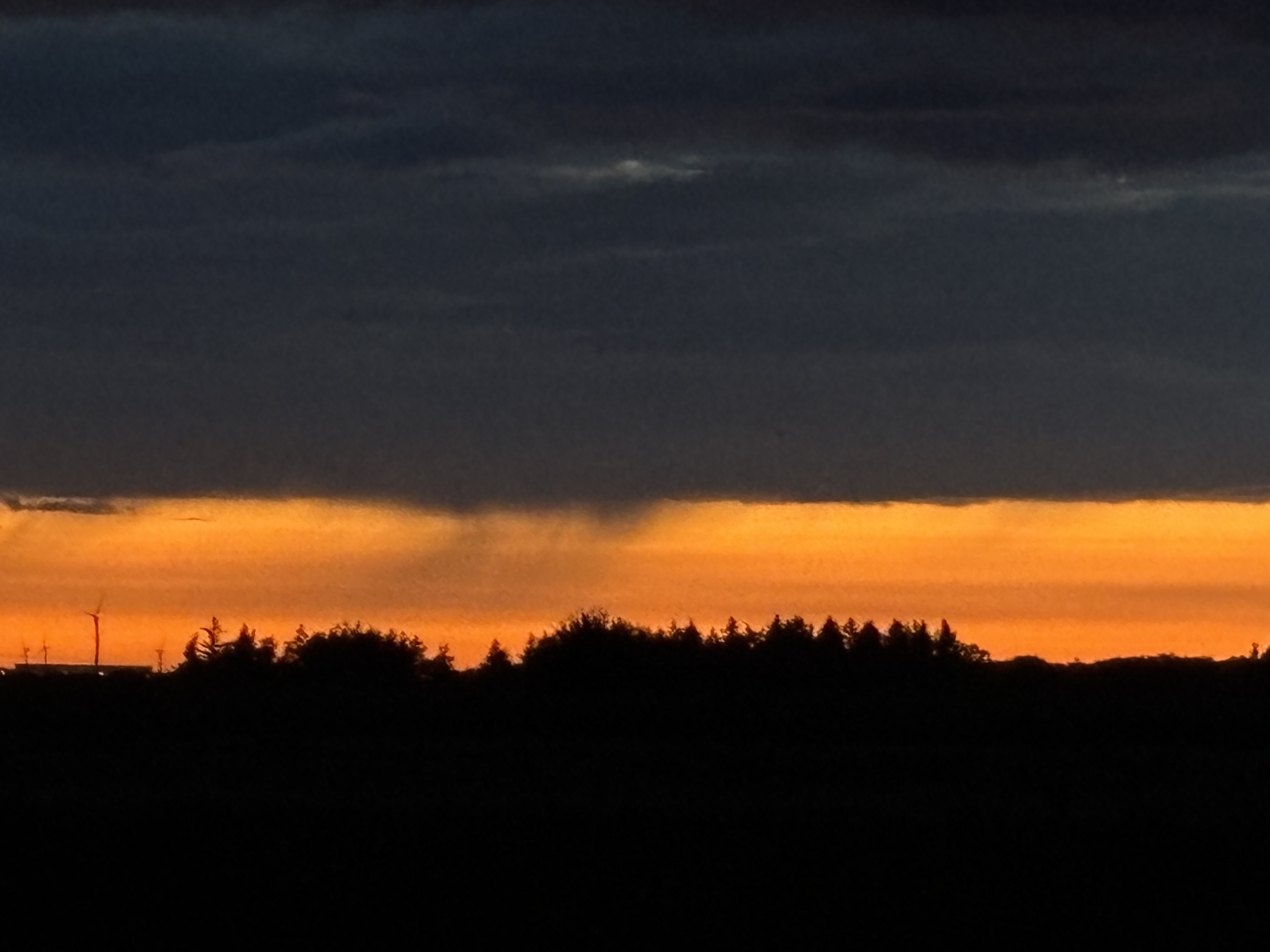 Am unteren Bildrand zeigt sich die Silhouette eines Feldes. Bäume sind am Horizont zu erahnen. Dahinter zeigt sich der orange gefärbte Himmel. Das Orange ist intensiv ausgeprägt. Von der Mitte zum oberen Bildrand schwebt eine dicke dunkle anthrazitfarbene Wolke aus der es mittig regnet. Die Sonne selbst ist nicht mehr zu sehen.

Die Stimmung des Bildes ist weich und ruhig.