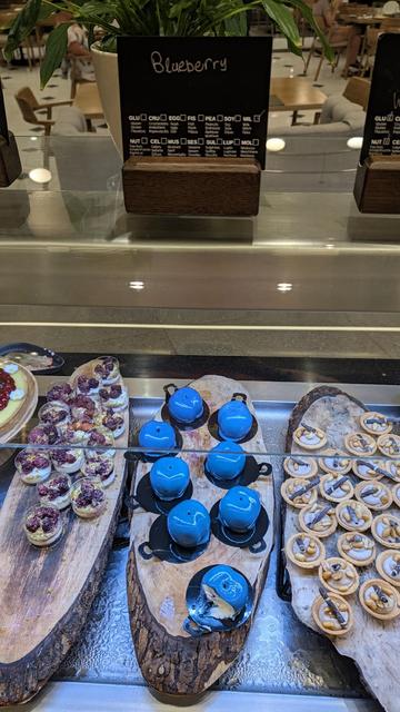 Eine Buffet-Auslage mit verschiedenen Desserts, bei denen im Zentrum sieben leuchtend blaue, glänzende Spiegelglasur-Törtchen im Fokus stehen. Die kleinen, kugeligen Törtchen sind auf einem rustikalen Holzbrett angerichtet. Direkt dahinter befindet sich ein schwarzes Schild mit der weißen handschriftlichen Aufschrift „Blueberry“. Flankiert werden die blauen Desserts von kleinen Dessertgläsern mit Beeren auf der linken und Mini-Tartelettes auf der rechten Seite.

